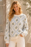 Floral Jacquard Knit Sweater: BLUE/SAGE