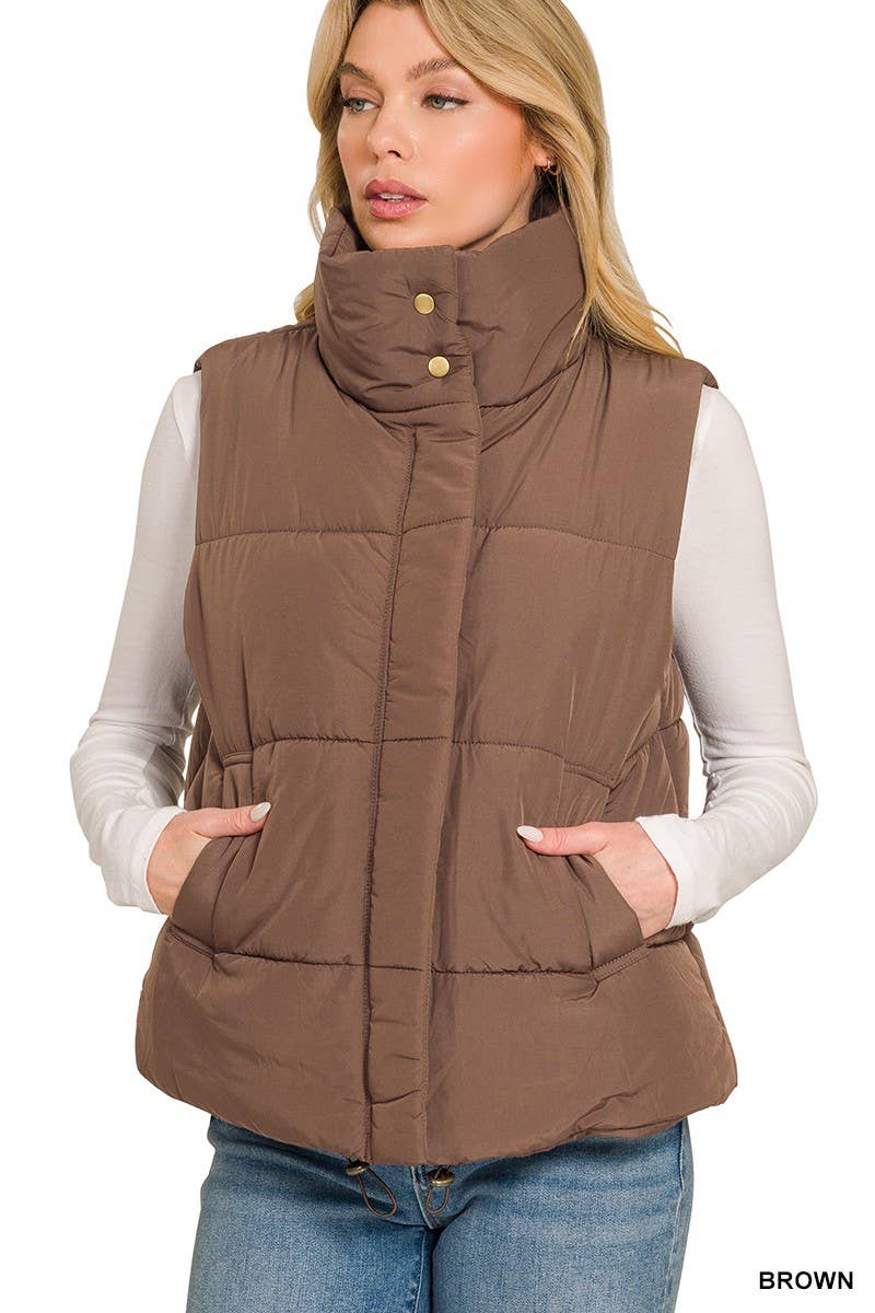 High Neck Puffer Vest: BROWN