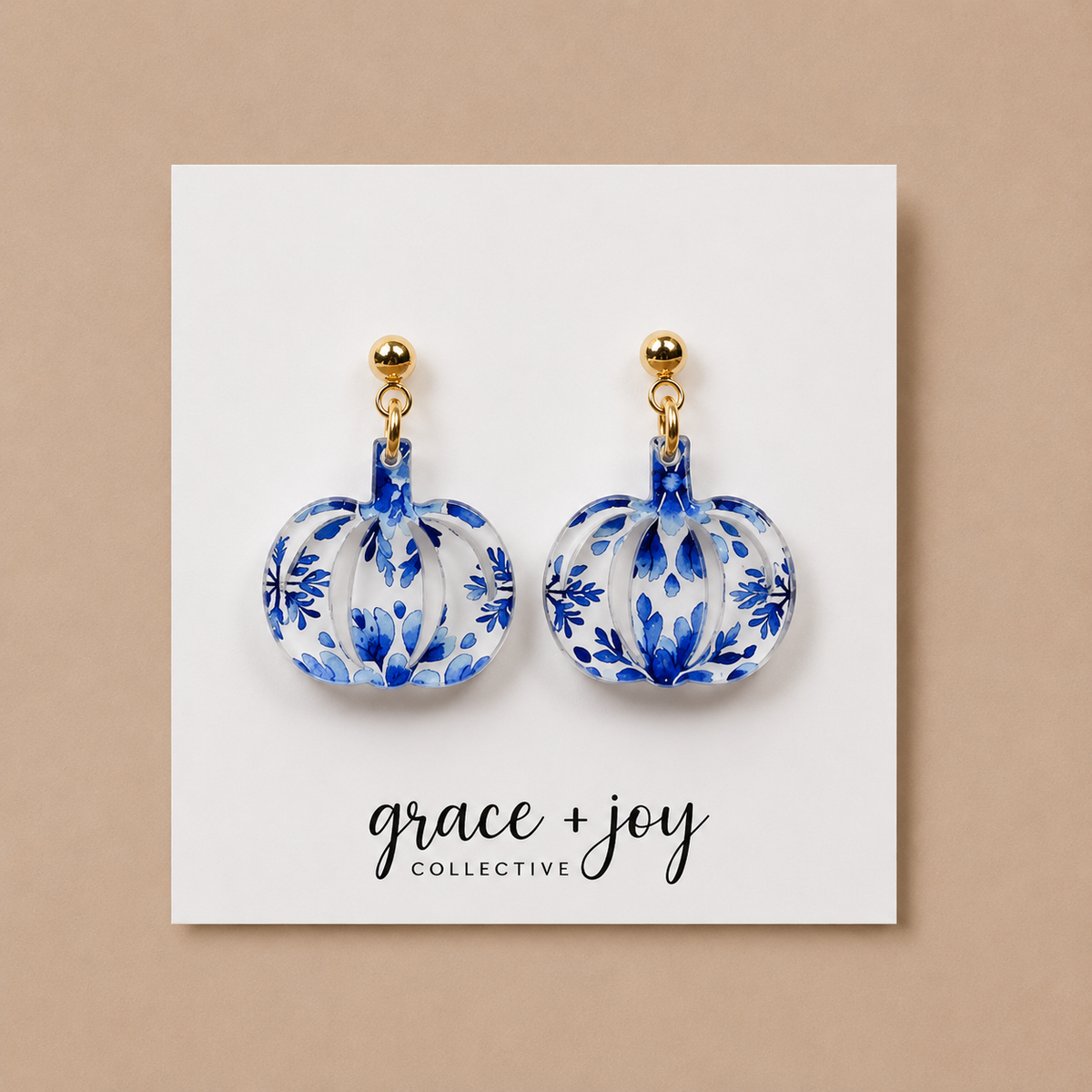 Blue Floral Pumpkin  Dangle Earrings, Acrylic Earrings