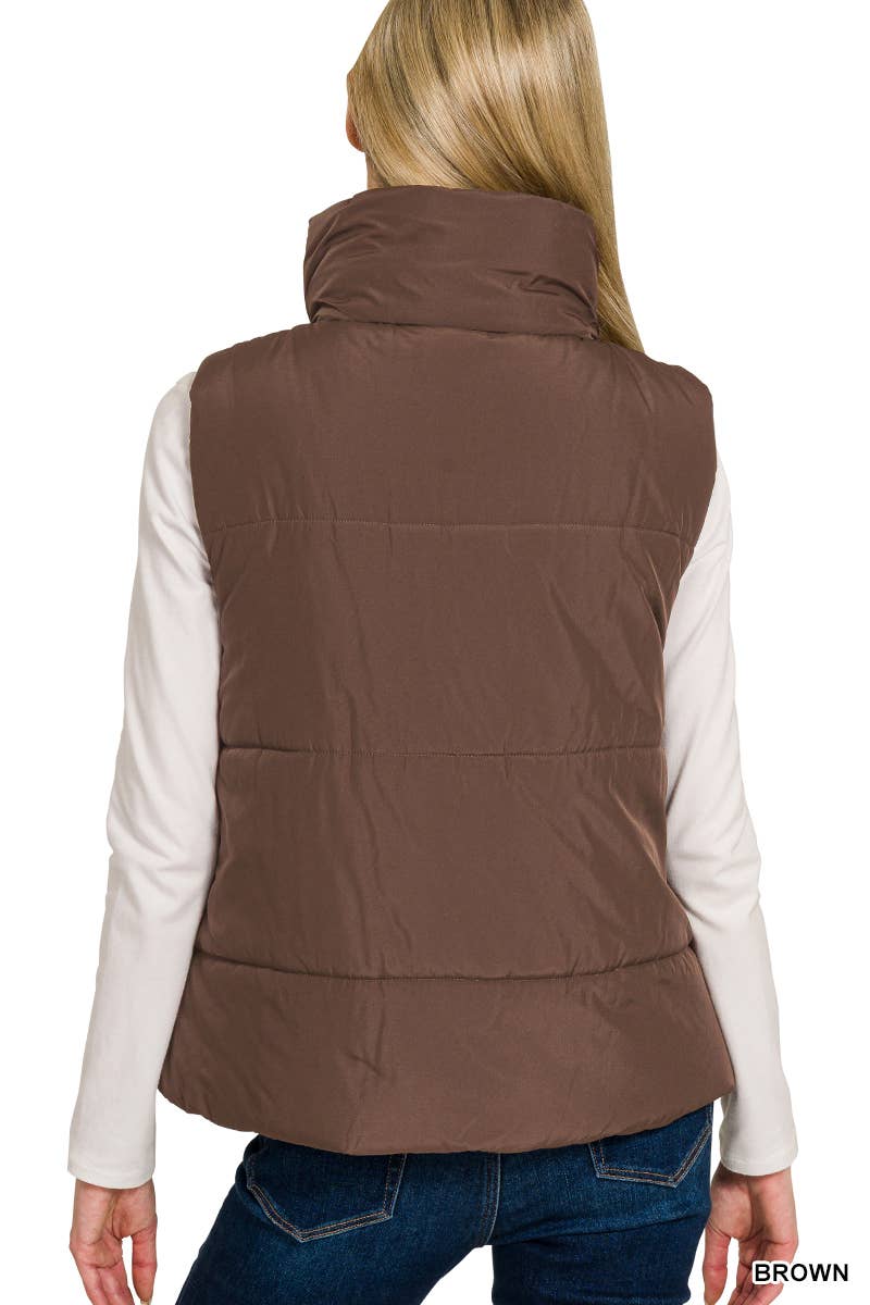 High Neck Puffer Vest: BROWN