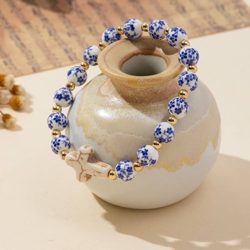 BLUE CERAMIC PORCELAIN CROSS CHARM BRACELET | 40B5175: CROSS