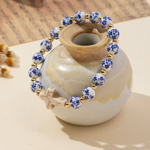 BLUE CERAMIC PORCELAIN CROSS CHARM BRACELET | 40B5175: CROSS