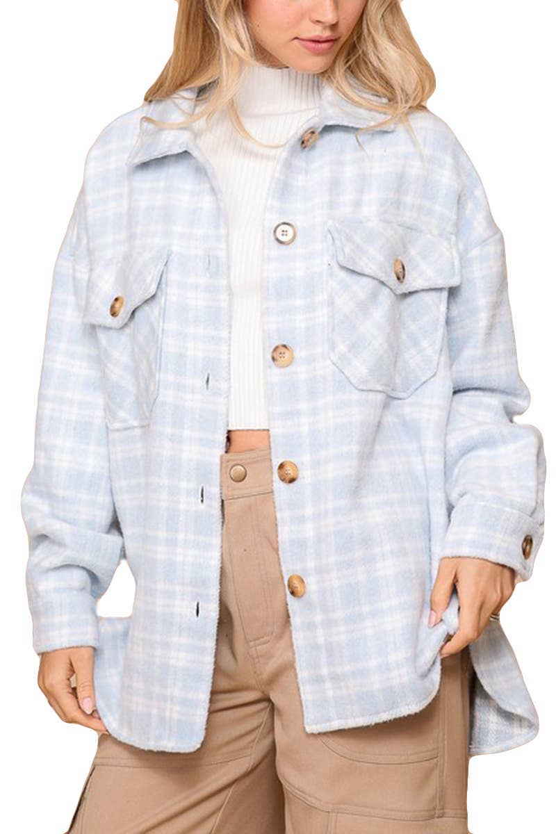 Plaid Print Shacket: LT BLUE