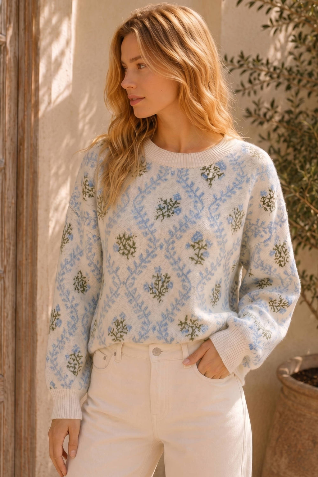 Floral Jacquard Knit Sweater: BLUE/SAGE