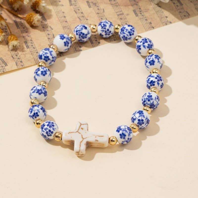 BLUE CERAMIC PORCELAIN CROSS CHARM BRACELET | 40B5175: CROSS