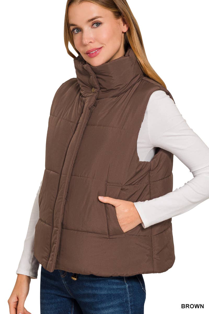 High Neck Puffer Vest: BROWN