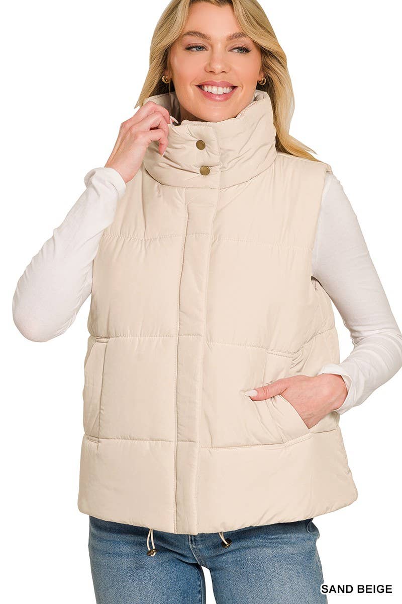 High Neck Puffer Vest: BROWN