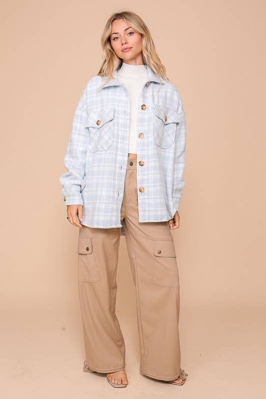 Plaid Print Shacket: LT BLUE