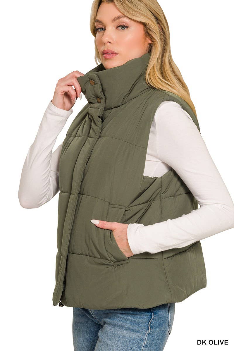 High Neck Puffer Vest: BROWN