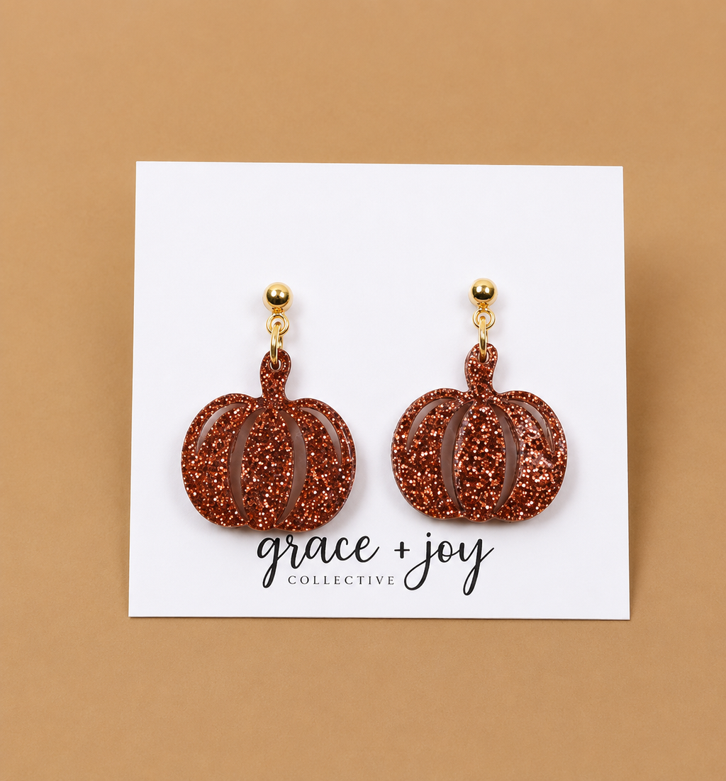 Glitter Orange Pumpkin Dangle Earrings, Acrylic Earrings