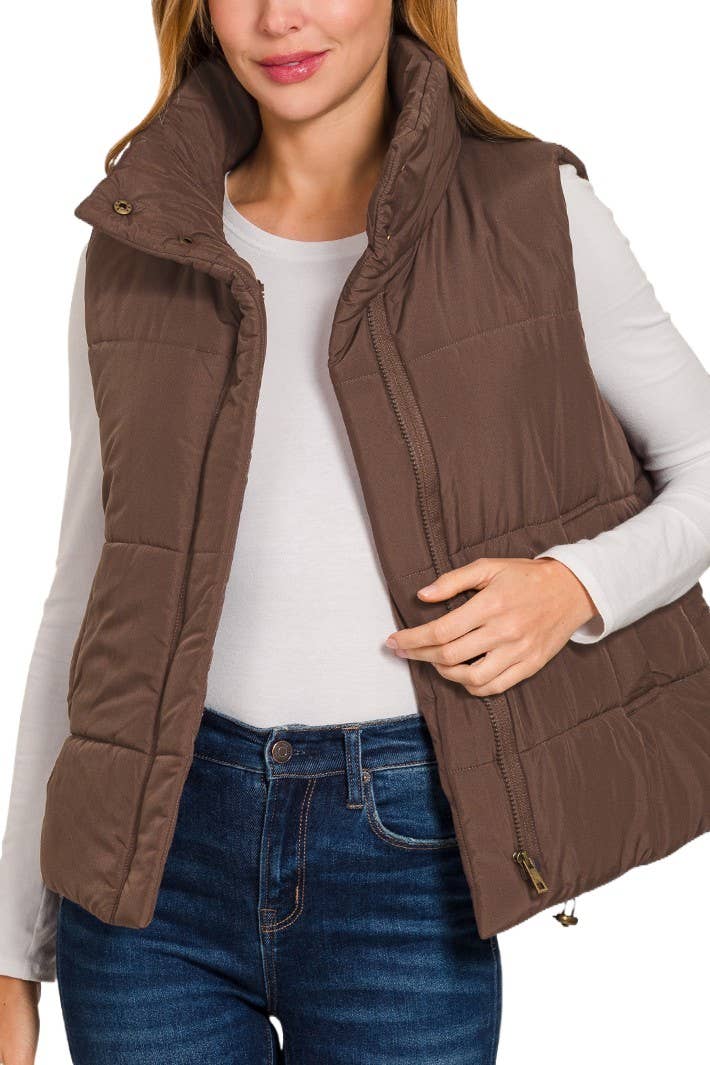 High Neck Puffer Vest: BROWN
