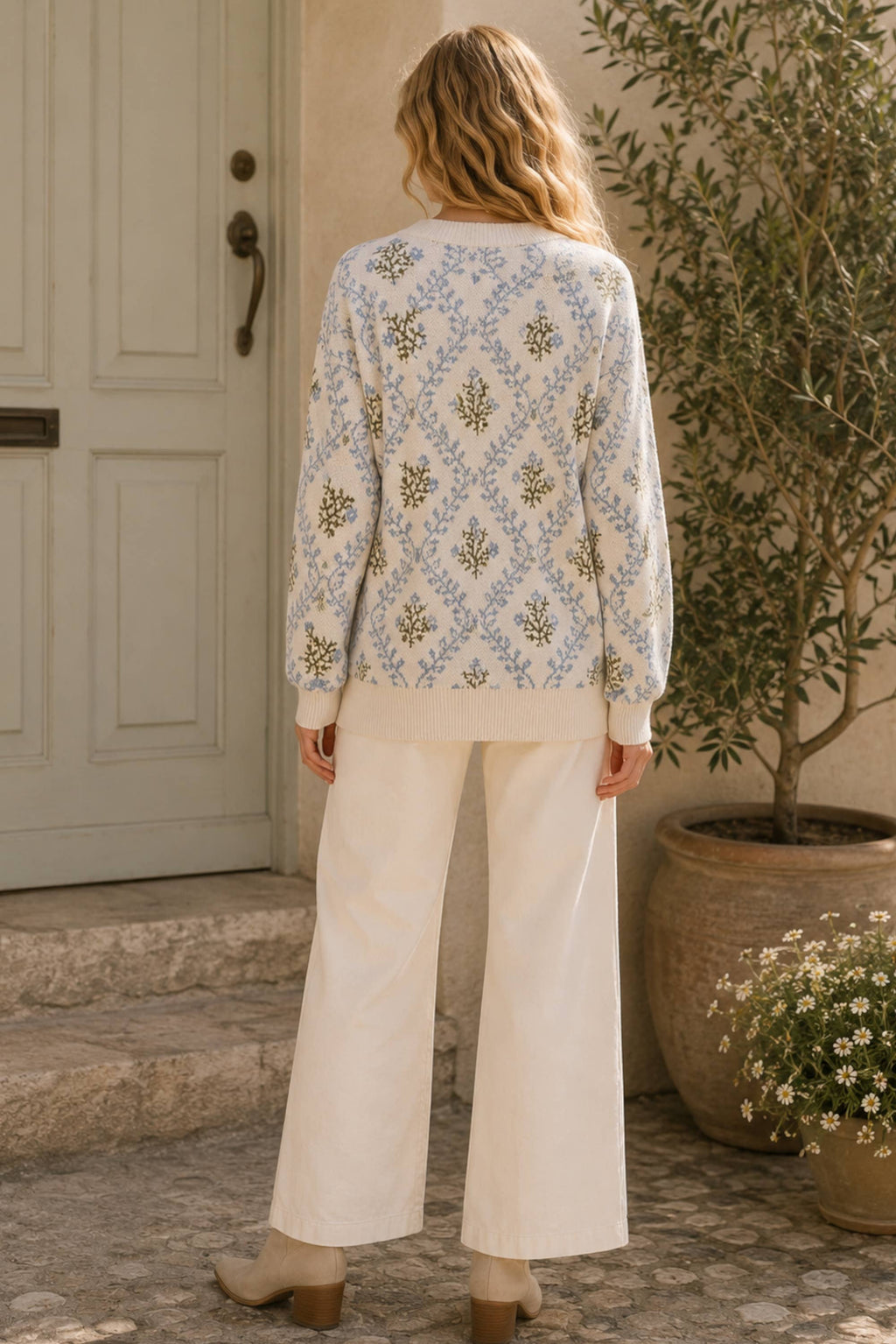 Floral Jacquard Knit Sweater: BLUE/SAGE