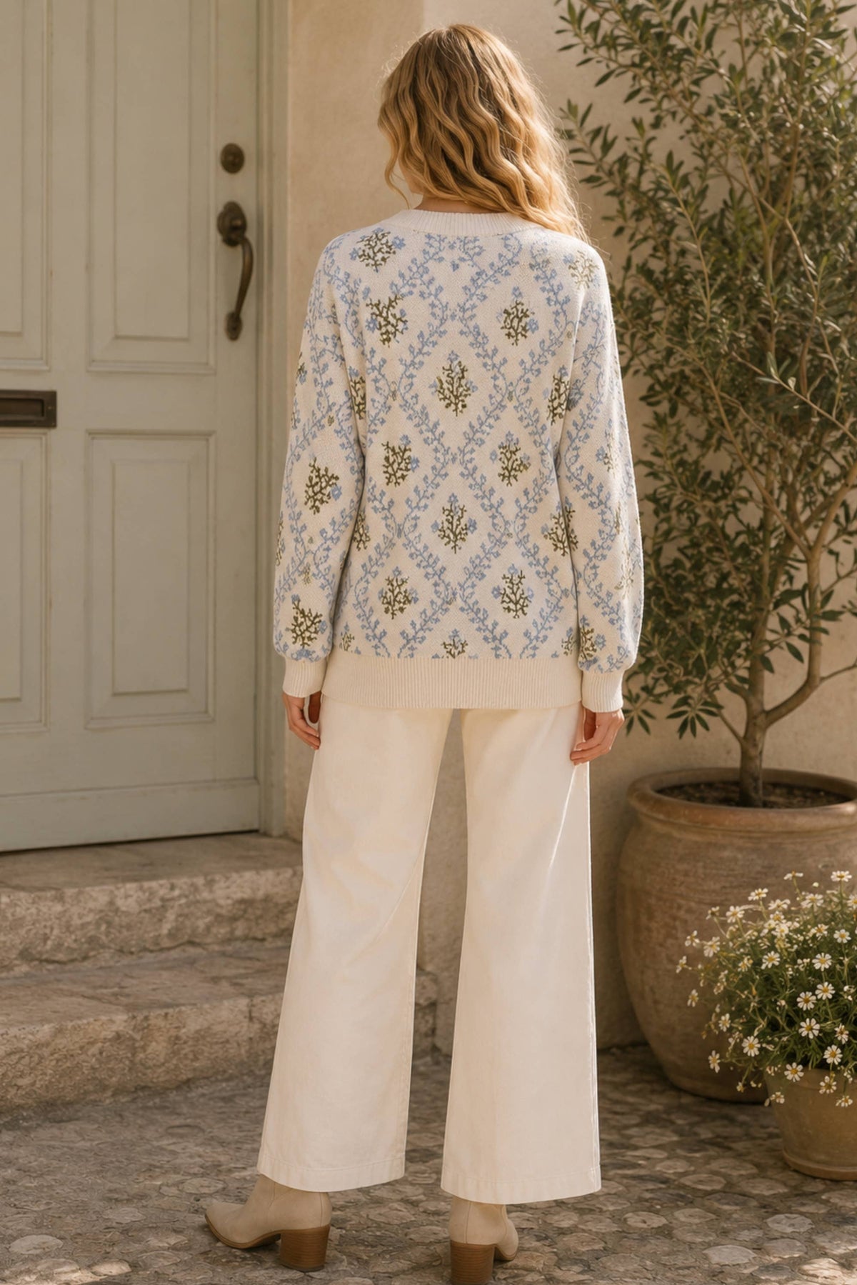 Floral Jacquard Knit Sweater: BLUE/SAGE