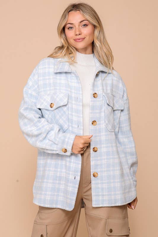 Plaid Print Shacket: LT BLUE